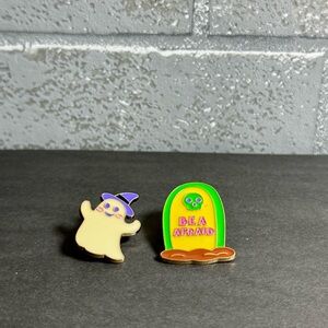 Halloween Enamel 2 Pin Lot Witch Ghost Tombstone Be Afraid Creatology